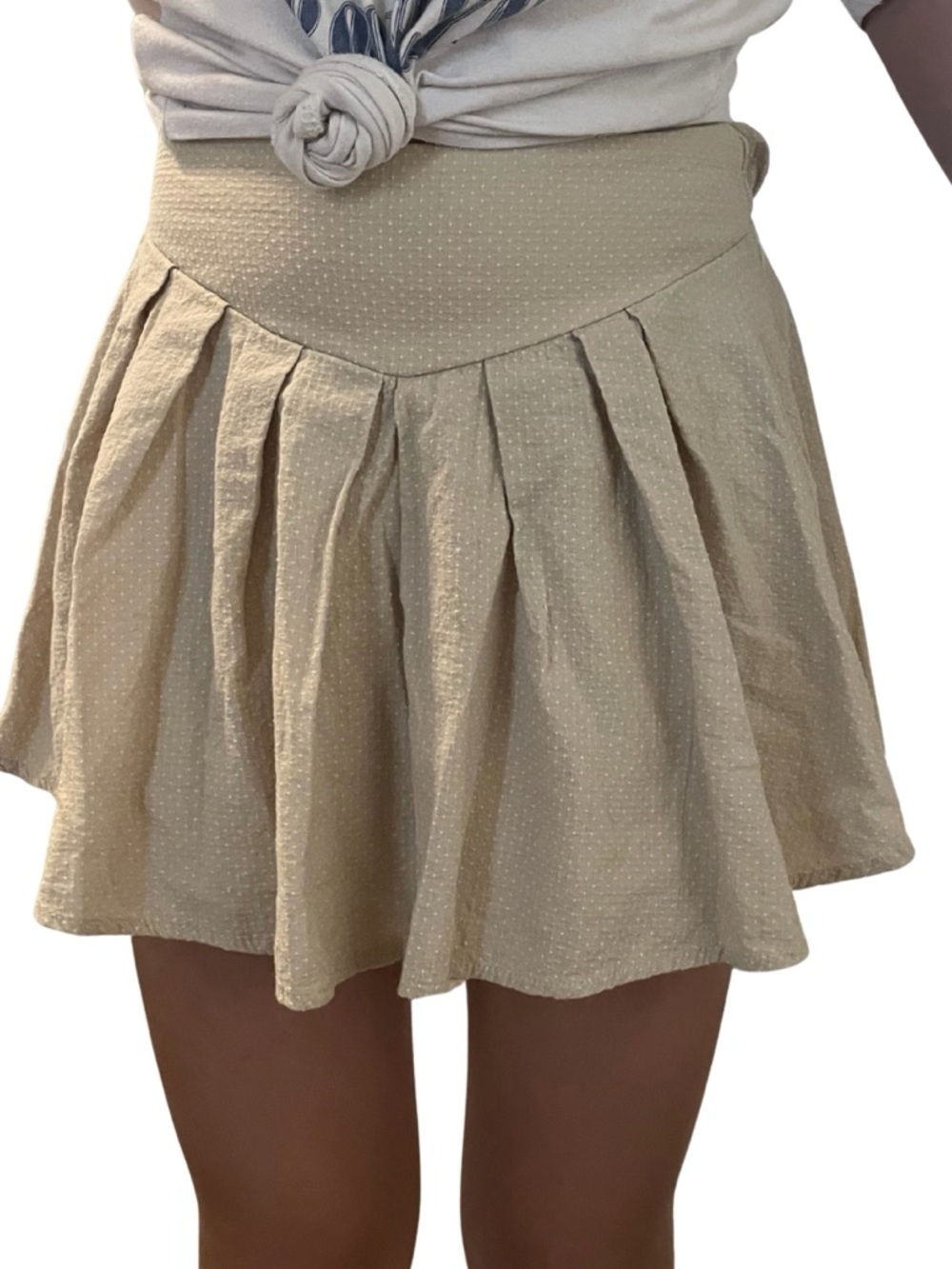 100% cotton Beige Pleated A-Line Mini Skirt - Feminine Flare